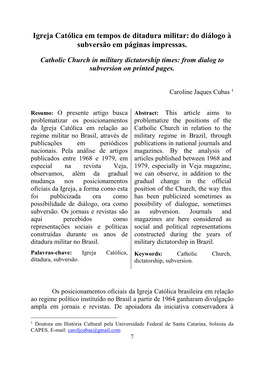 Igreja Católica Em Tempos De Ditadura Militar: Do Diálogo À Subversão Em Páginas Impressas