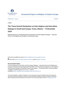 The Tirana Summit Declaration on Inter-Religious and Inter-Ethnic Dialogue in South-East Europe, Tirana, Albania – 10 December 2004