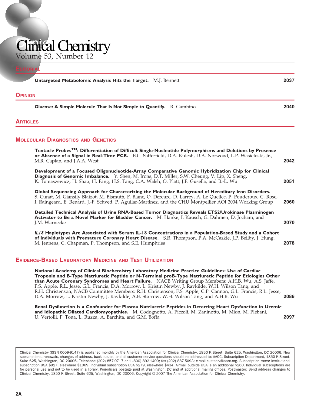 Clinical Chemistry (ISSN 0009-9147) Is Published Monthly by the American Association for Clinical Chemistry, 1850 K Street, Suite 625, Washington, DC 20006