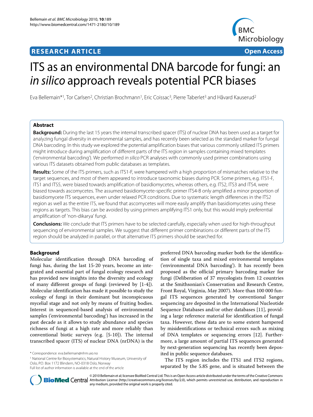 ITS As an Environmental DNA Barcode for Fungi: an in Silico Approach