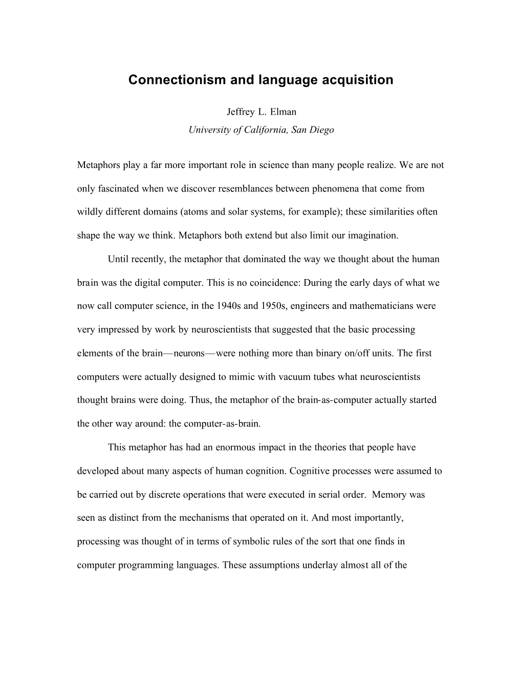 Connectionism and Language Acquisition