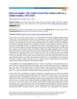 'The Coolie's Great War: Indian Labor in a Global Conflict, 1914-1921'