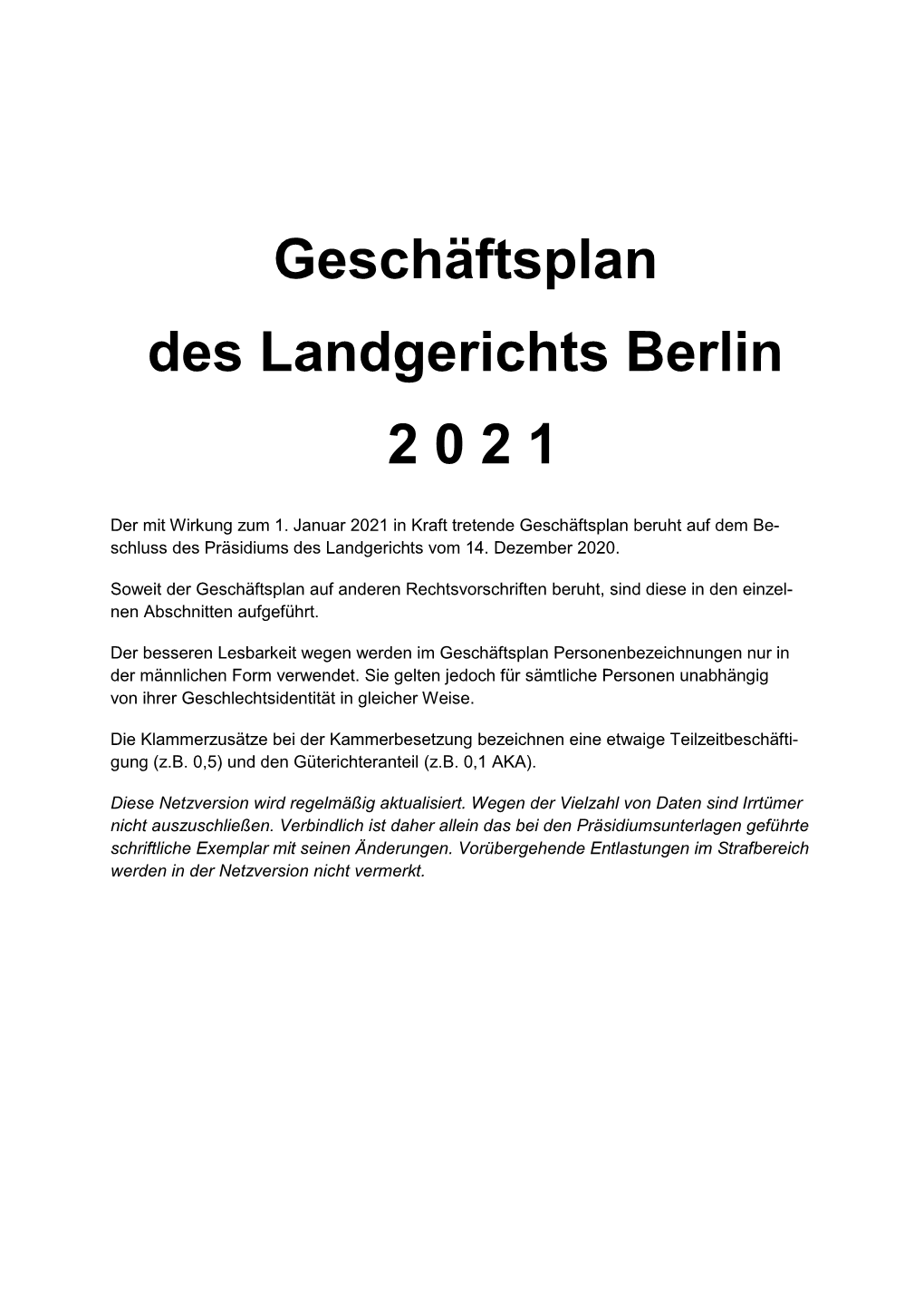 Geschäftsplan Des Landgerichts Berlin 2 0 2 1