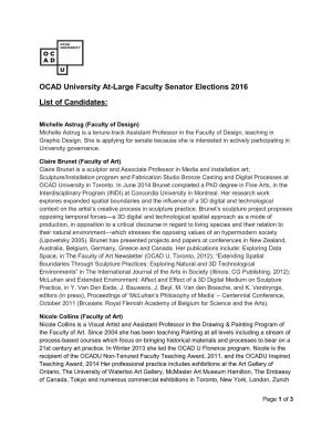 OCAD University At-Large Faculty Senator Elections 2016 List of Candidates