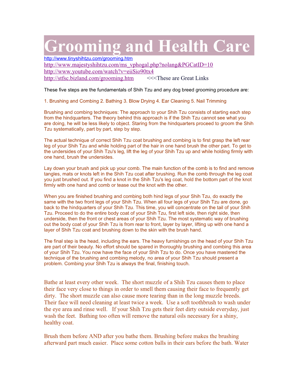 Grooming and Health Care