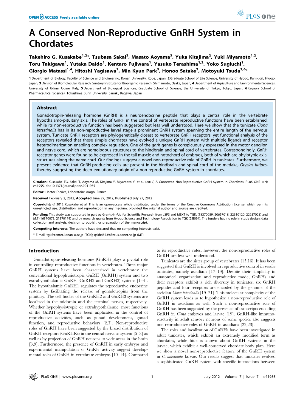 A Conserved Non-Reproductive Gnrh System in Chordates