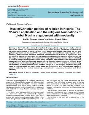 Muslim/Christian Politics of Religion in Nigeria: the Sharī’Ah Application and the Religious Foundations of Global Muslim Engagement with Modernity