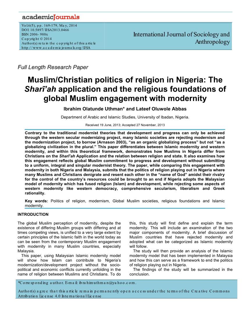 Muslim/Christian Politics of Religion in Nigeria: the Sharī’Ah Application and the Religious Foundations of Global Muslim Engagement with Modernity