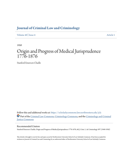 Origin and Progress of Medical Jurisprudence 1776-1876 Stanford Emerson Chaille