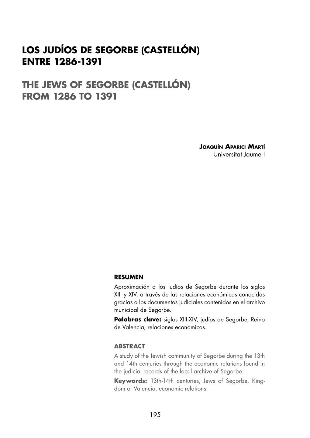 Los Judíos De Segorbe (Castellón) Entre 1286-1391