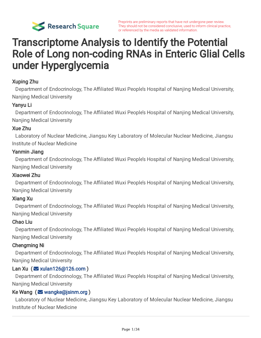 Transcriptome Analysis to Identify the Potential Role of Long Non-Coding Rnas in Enteric Glial Cells Under Hyperglycemia