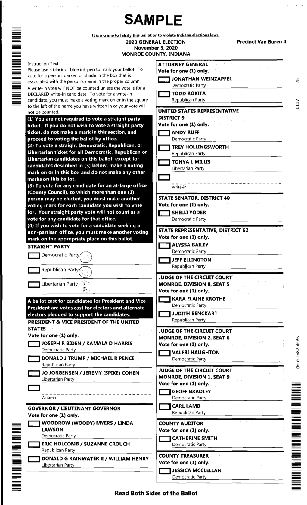 2020 General Election, Van Buren 4 Sample Ballot