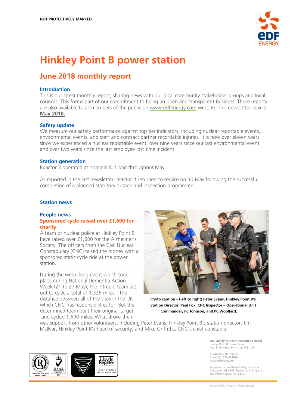 Hinkley Point B Power Station June 2018 Monthly Report