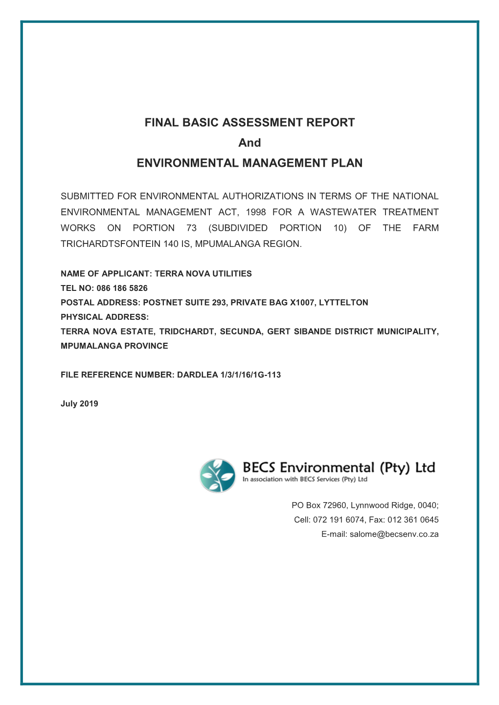 FINAL BASIC ASSESSMENT REPORT and ENVIRONMENTAL MANAGEMENT PLAN