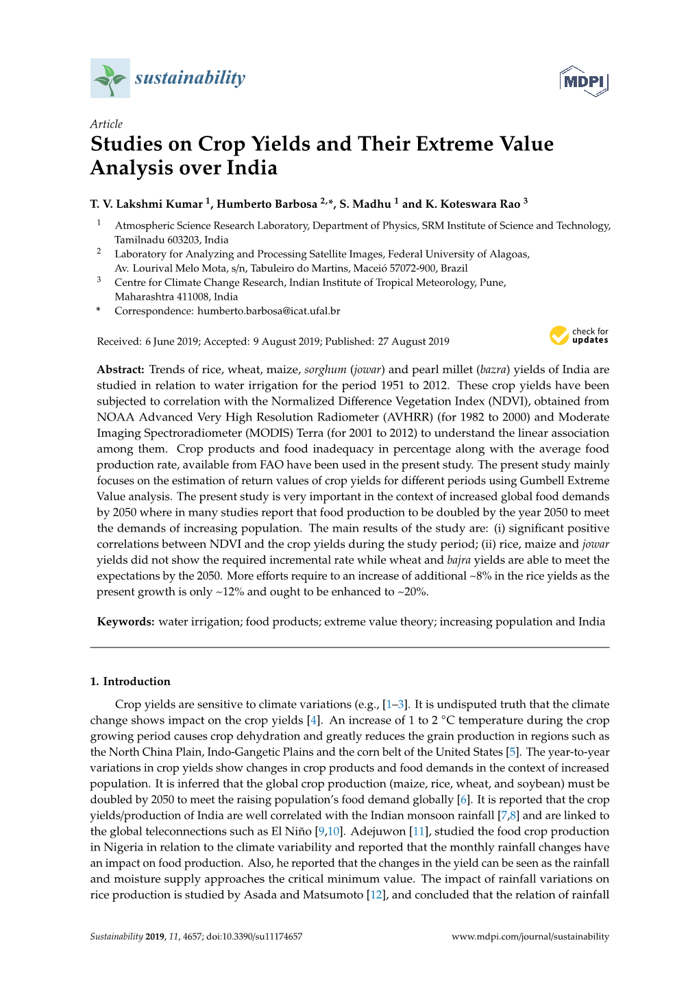 Studies on Crop Yields and Their Extreme Value Analysis Over India