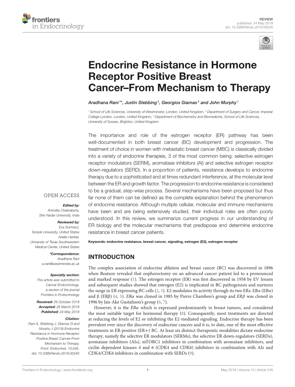 Endocrine Resistance in Hormone Receptor Positive Breast Cancer–From Mechanism to Therapy