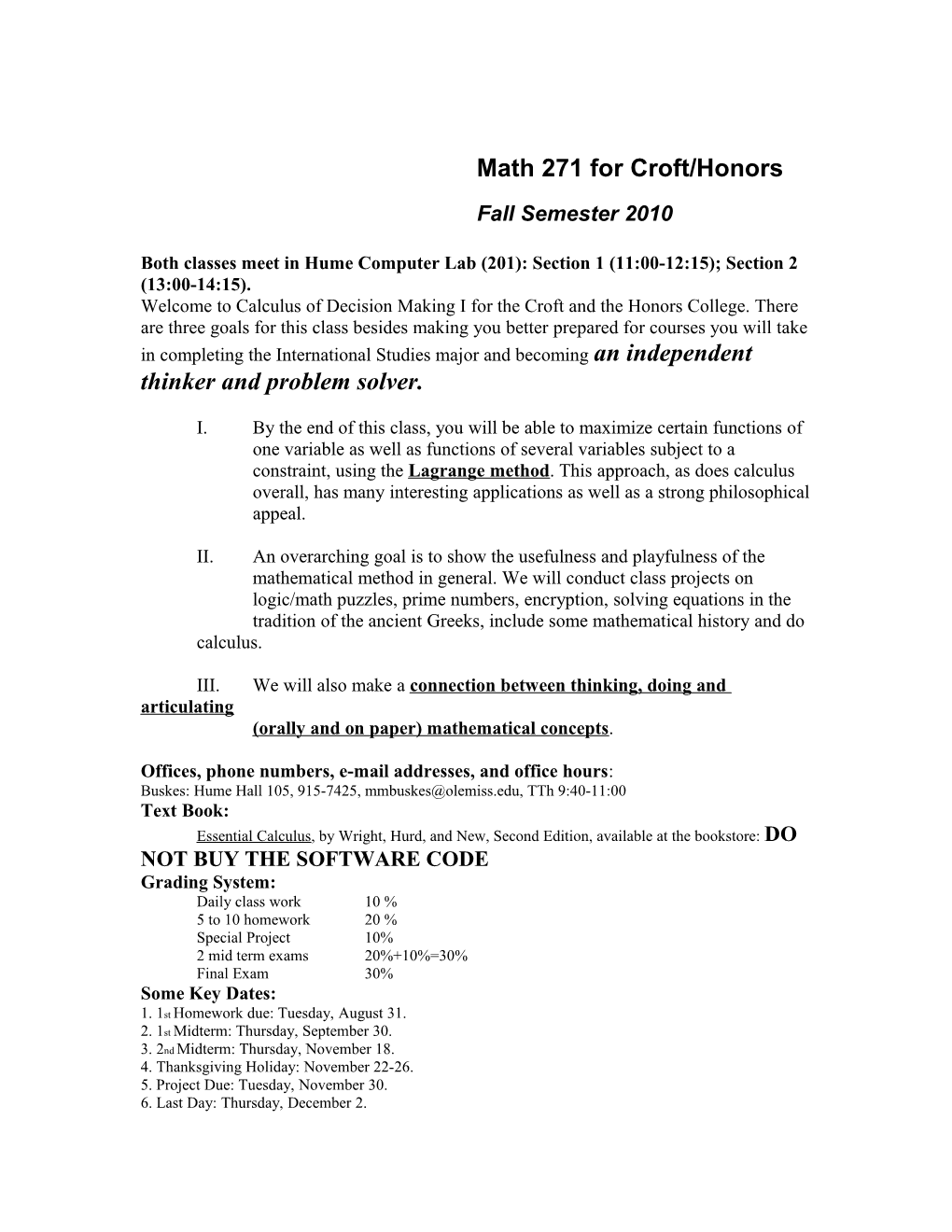 Syllabus: Math 267 Honors / Croft s1