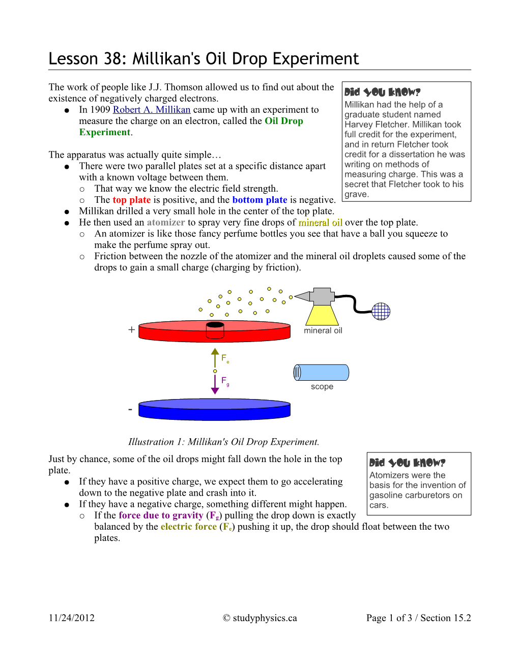 Lesson 38: Millikan's Oil Drop Experiment