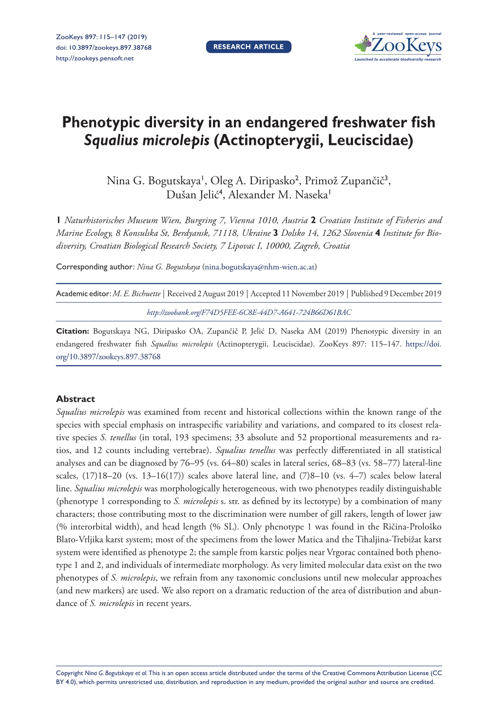 Phenotypic Diversity in an Endangered Freshwater Fish Squalius Microlepis (Actinopterygii, Leuciscidae)