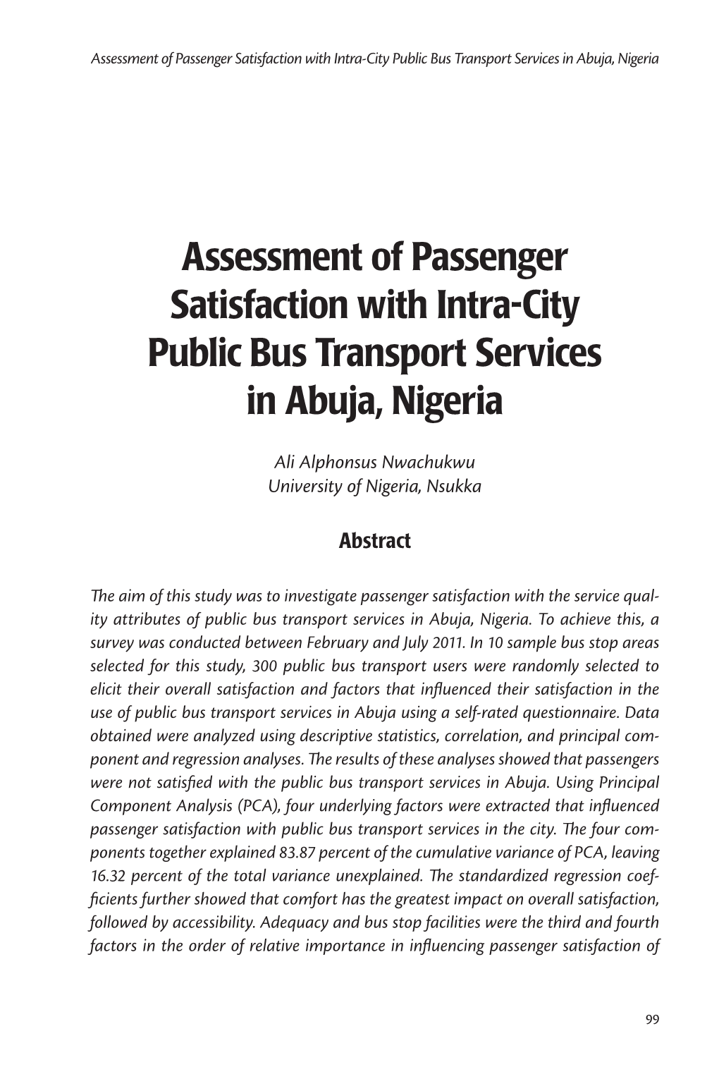 Assessment of Passenger Satisfaction with Intra-City Public Bus Transport Services in Abuja, Nigeria