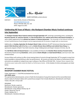 Rockport Chamber Music Festival Continues in September & Fall Classical Announced