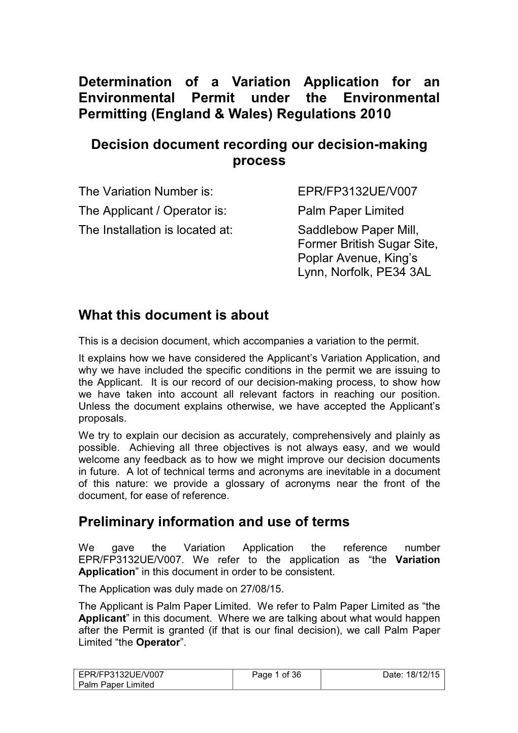 Determination of a Variation Application for an Environmental Permit Under the Environmental Permitting (England & Wales) Regulations 2010
