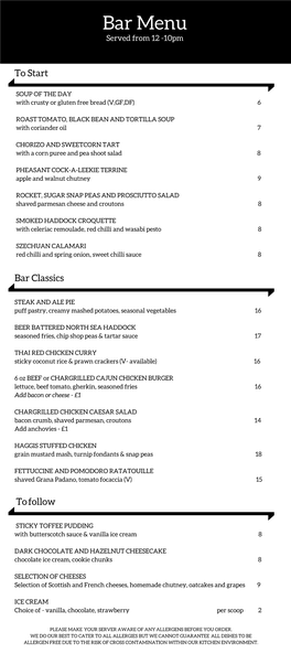 Bar Menu Served from 12 -10Pm