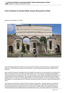 From Fountains to Ancient Walls, Roman Monuments at Risk Published on Iitaly.Org (