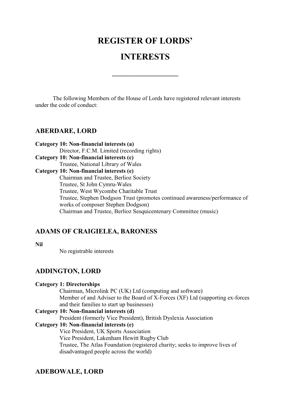 Register of Lords' Interests