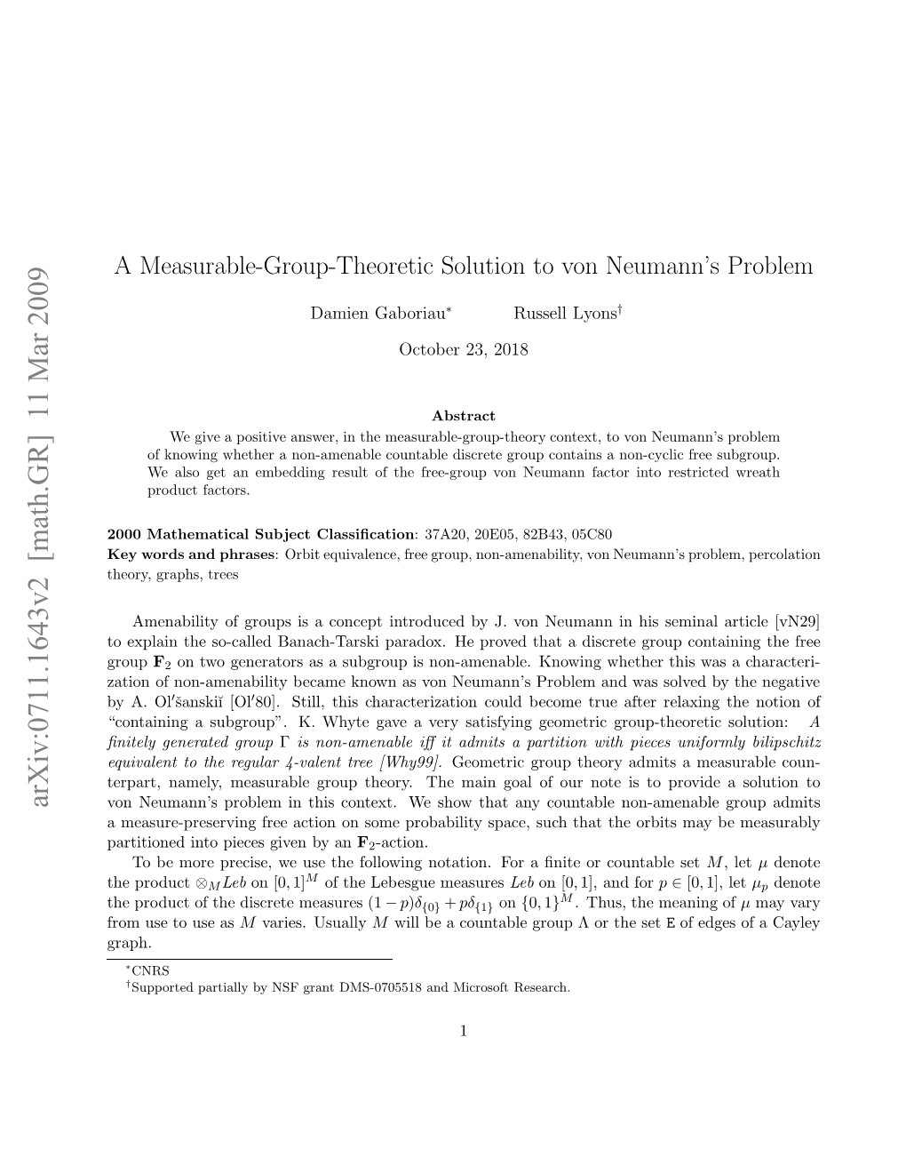 A Measurable-Group-Theoretic Solution to Von Neumann's Problem