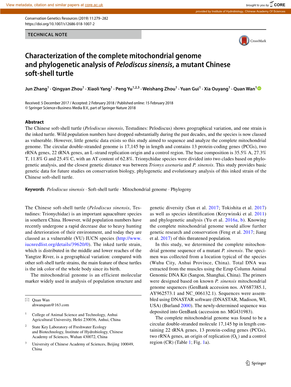 Characterization of the Complete Mitochondrial Genome and Phylogenetic Analysis of Pelodiscus Sinensis, a Mutant Chinese Soft-Shell Turtle