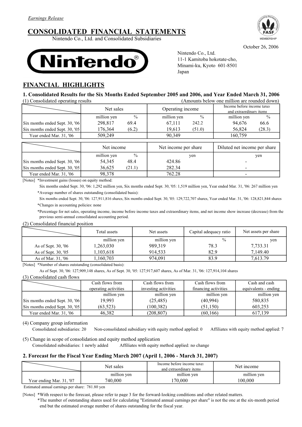 CONSOLIDATED FINANCIAL STATEMENTS Nintendo Co., Ltd