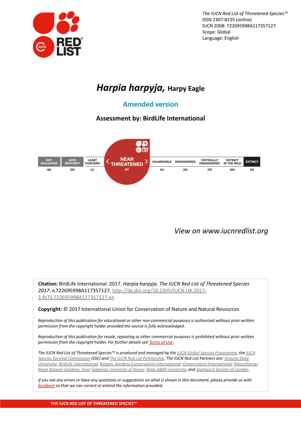 Harpia Harpyja, Harpy Eagle Amended Version Assessment By: Birdlife International