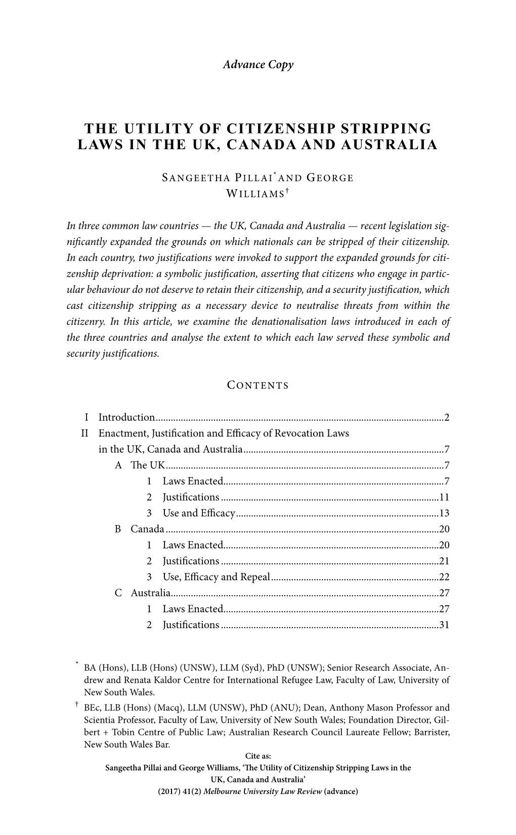 The Utility of Citizenship Stripping Laws in the Uk, Canada and Australia