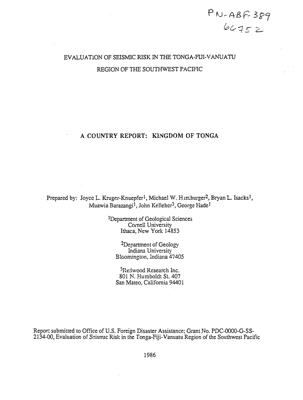 Evaluation of Seismic Risk in the Tonga-Flti-Vanuatu