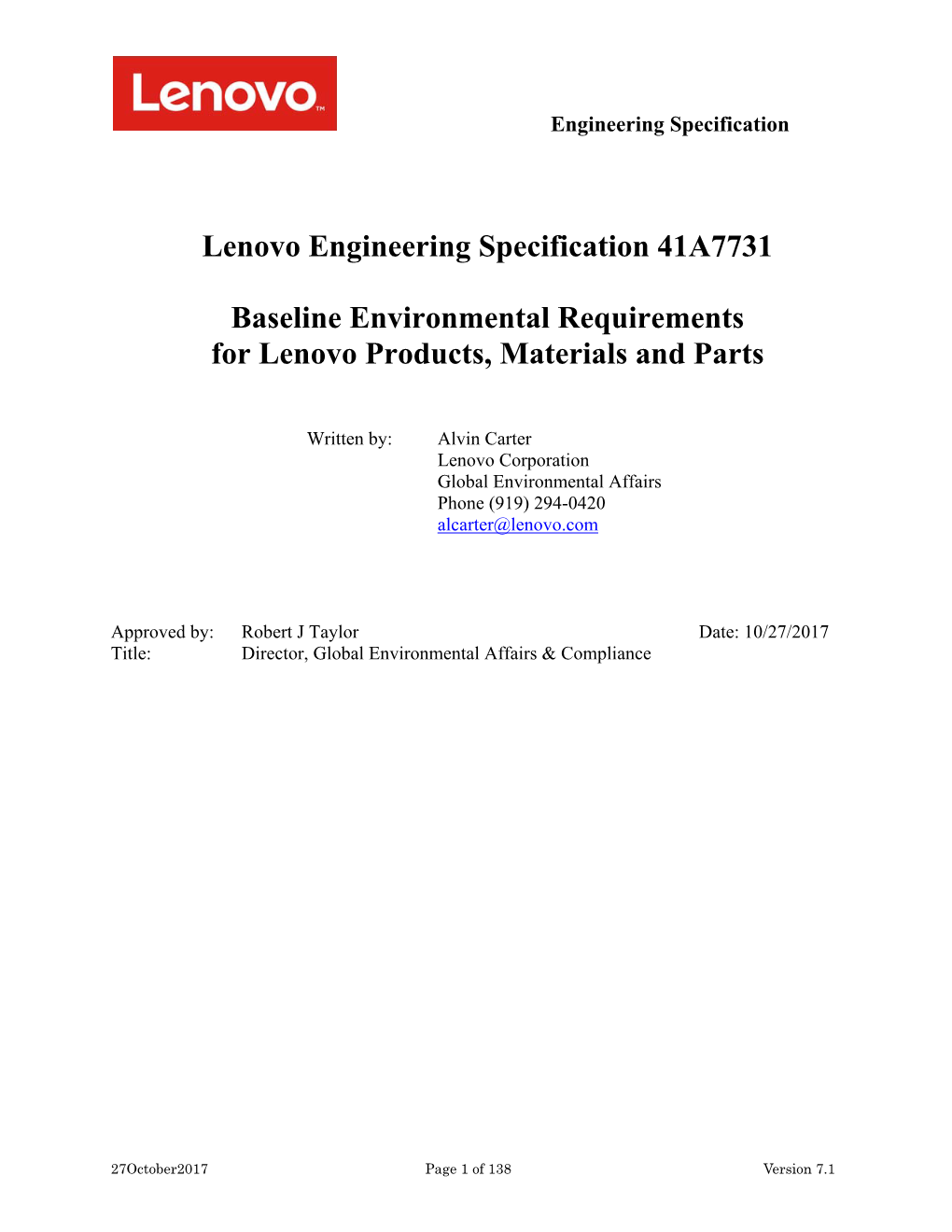 Lenovo Engineering Specification 41A7731 Baseline Environmental