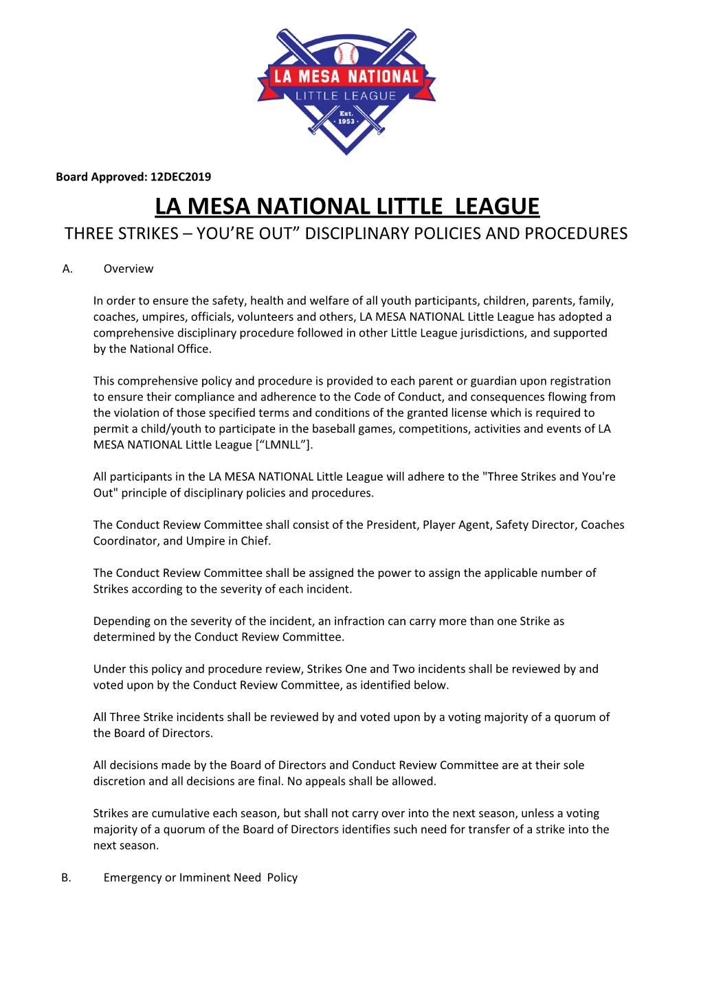 La Mesa National Little League Three Strikes – You’Re Out” Disciplinary Policies and Procedures