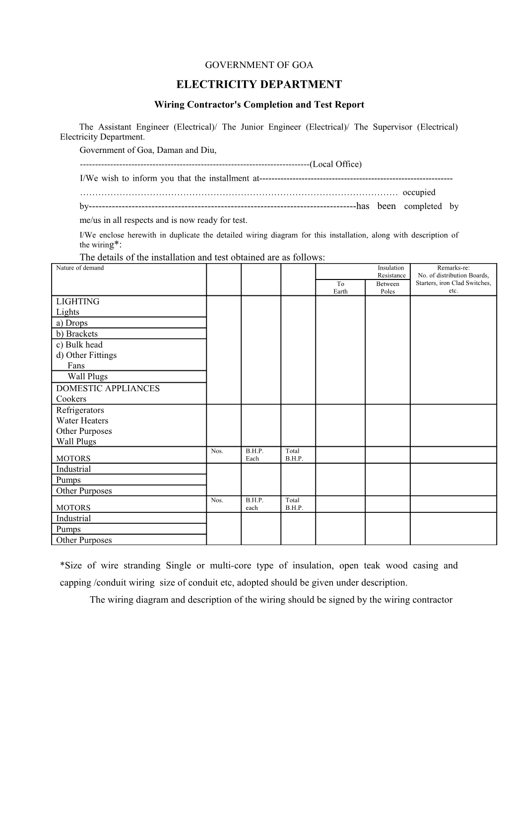 Wiring Contractor's Completion and Test Report