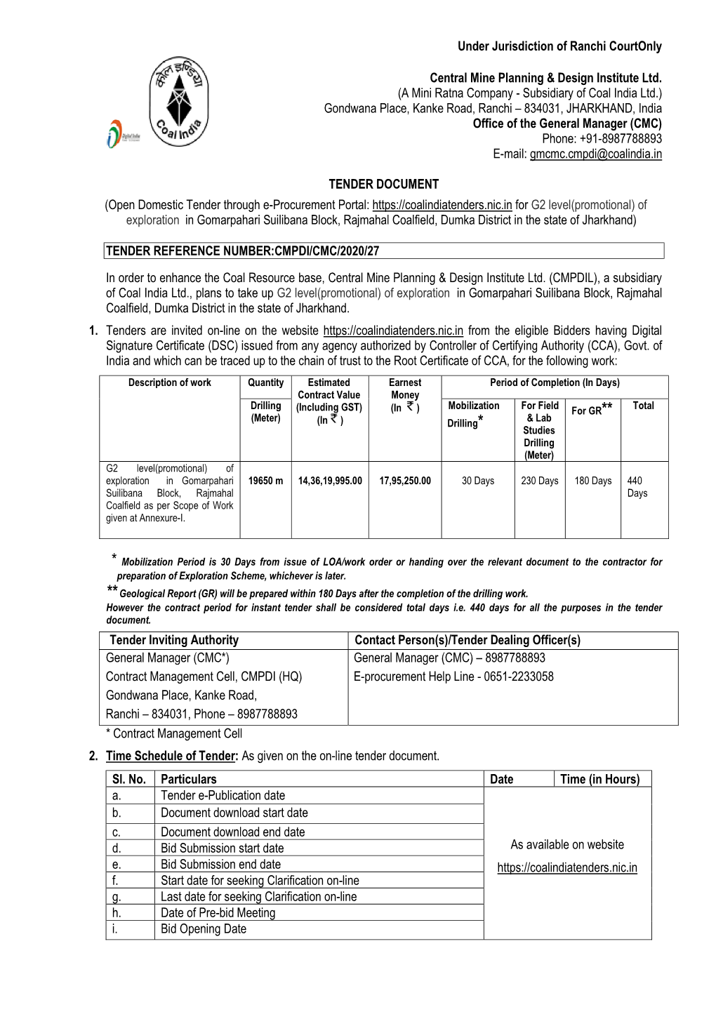 Under Jurisdiction of Ranchi Courtonly Central Mine Planning