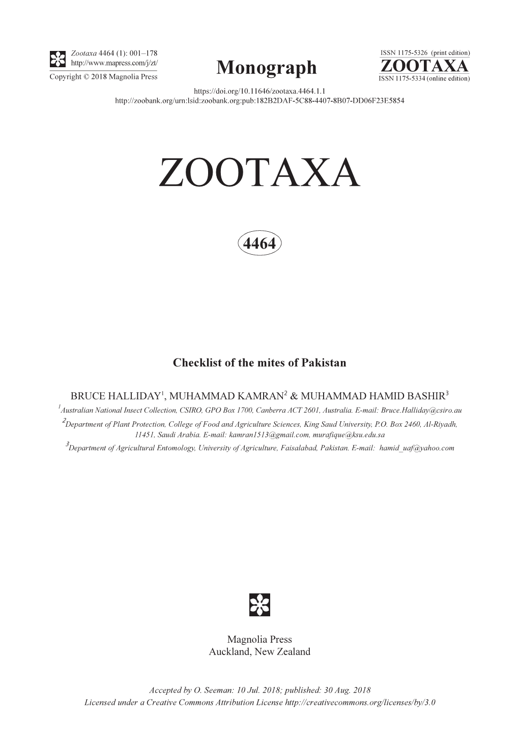 Checklist of the Mites of Pakistan