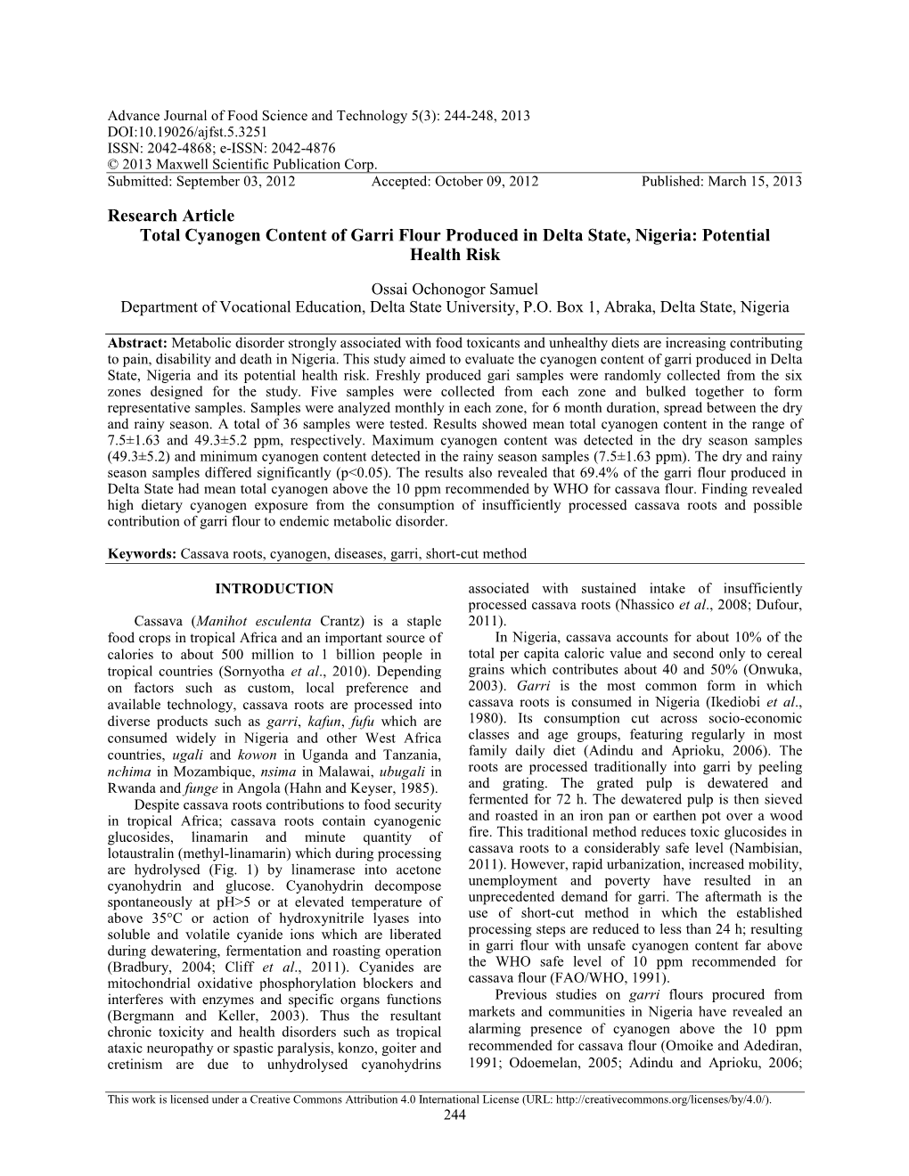 Research Article Total Cyanogen Content of Garri Flour Produced in Delta State, Nigeria: Potential Health Risk