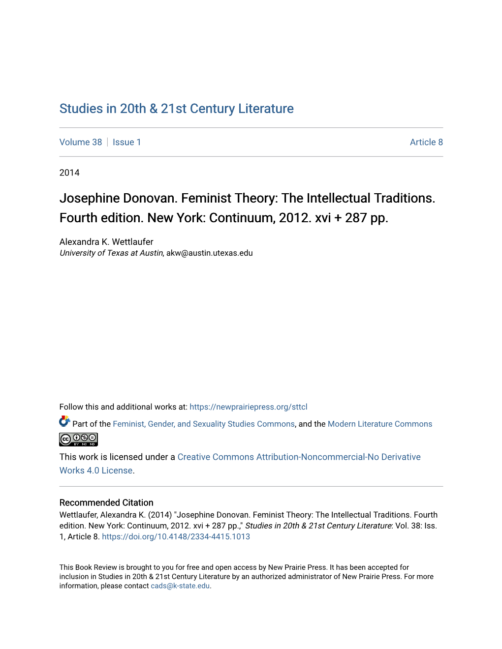 Josephine Donovan. Feminist Theory: the Intellectual Traditions