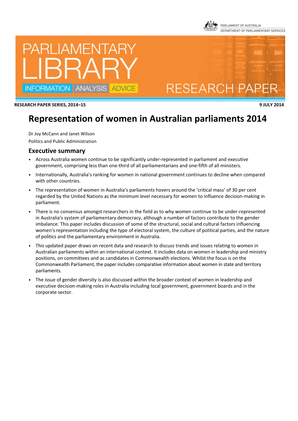 Representation of Women in Australian Parliaments 2014 9 July