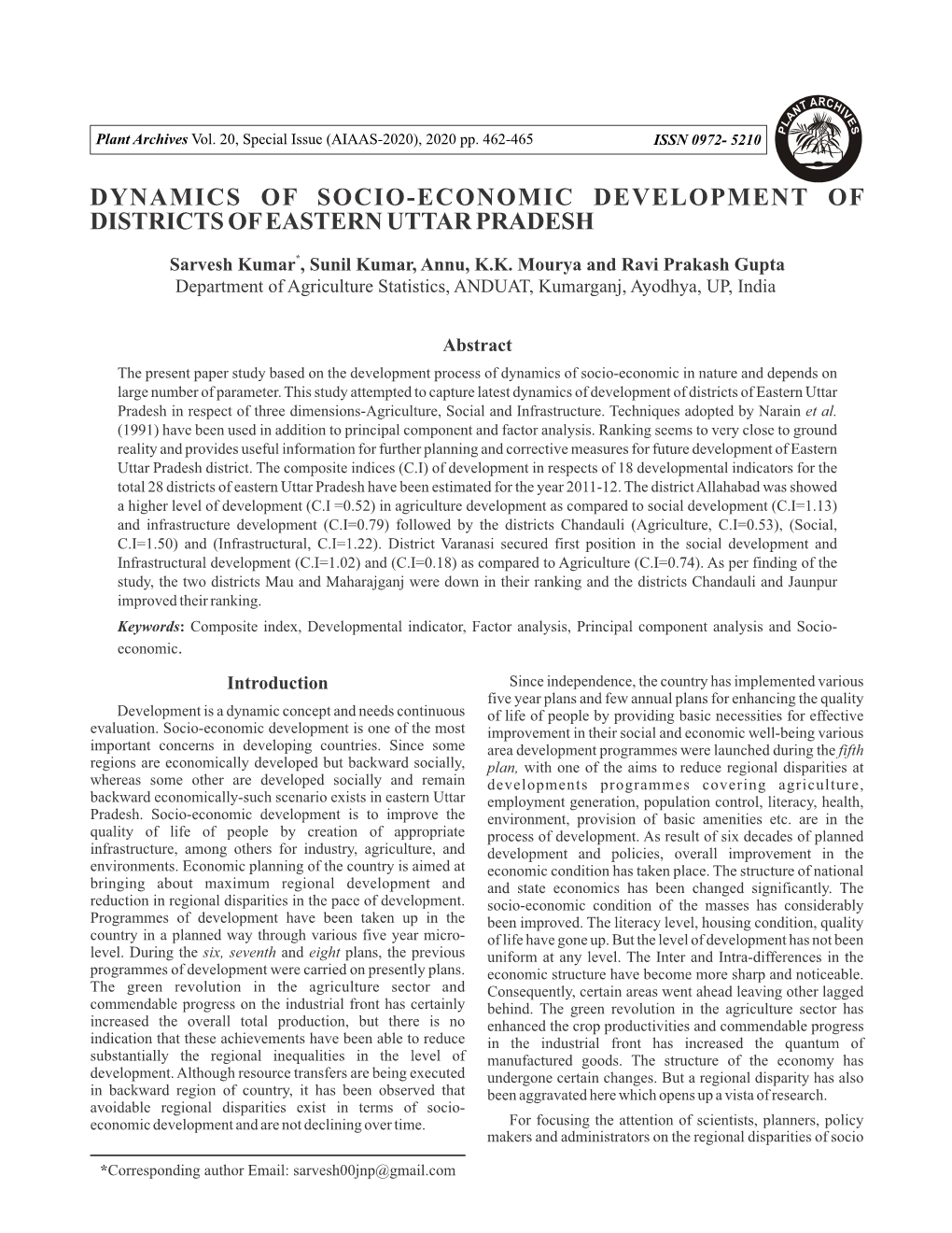 Dynamics of Socio-Economic Development of Districts of Eastern Uttar Pradesh