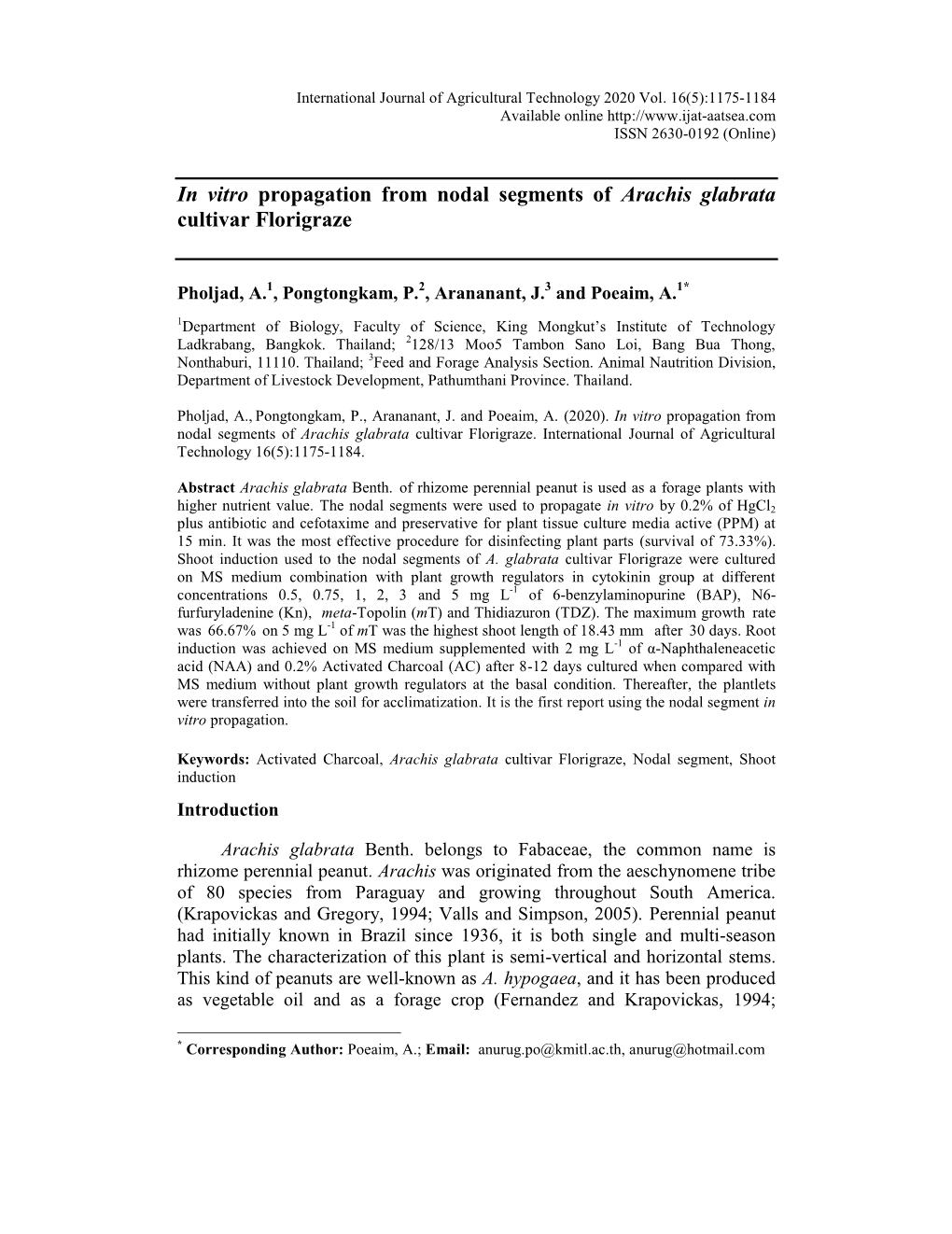 In Vitro Propagation from Nodal Segments of Arachis Glabrata Cultivar Florigraze