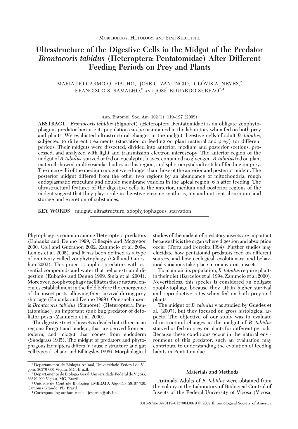 Ultrastructure of the Digestive Cells in the Midgut of the Predator Brontocoris Tabidus (Heteroptera: Pentatomidae) After Different Feeding Periods on Prey and Plants