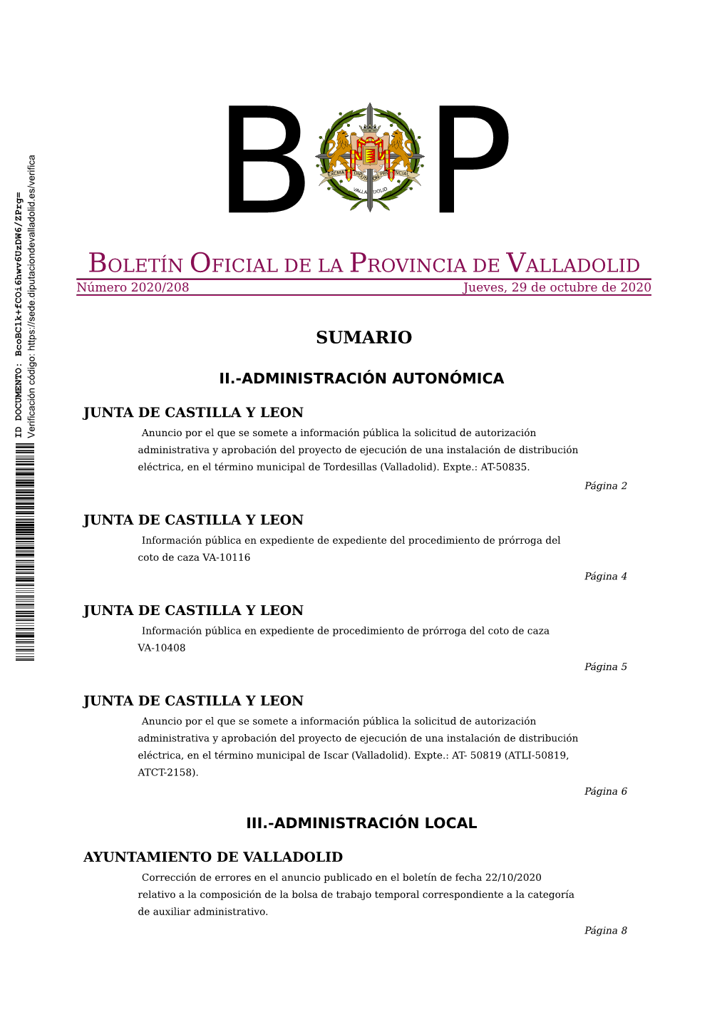 BOLETÍN OFICIAL DE LA PROVINCIA DE VALLADOLID Número 2020/208 Jueves, 29 De Octubre De 2020