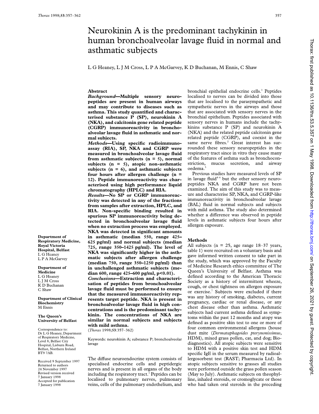 Neurokinin a Is the Predominant Tachykinin in Human Bronchoalveolar Lavage Fluid in Normal and Asthmatic Subjects