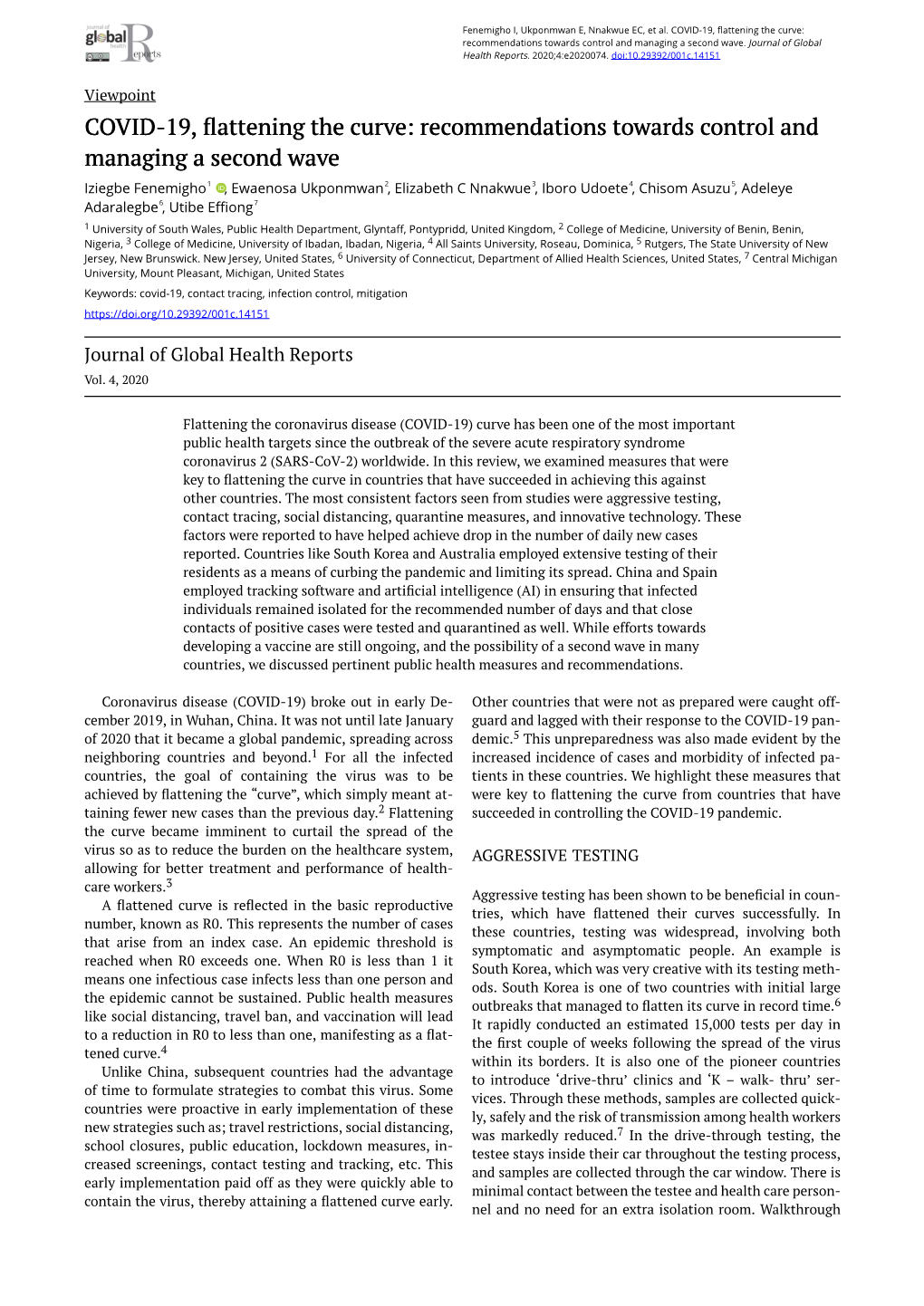 COVID-19, Flattening the Curve: Recommendations Towards Control and Managing a Second Wave