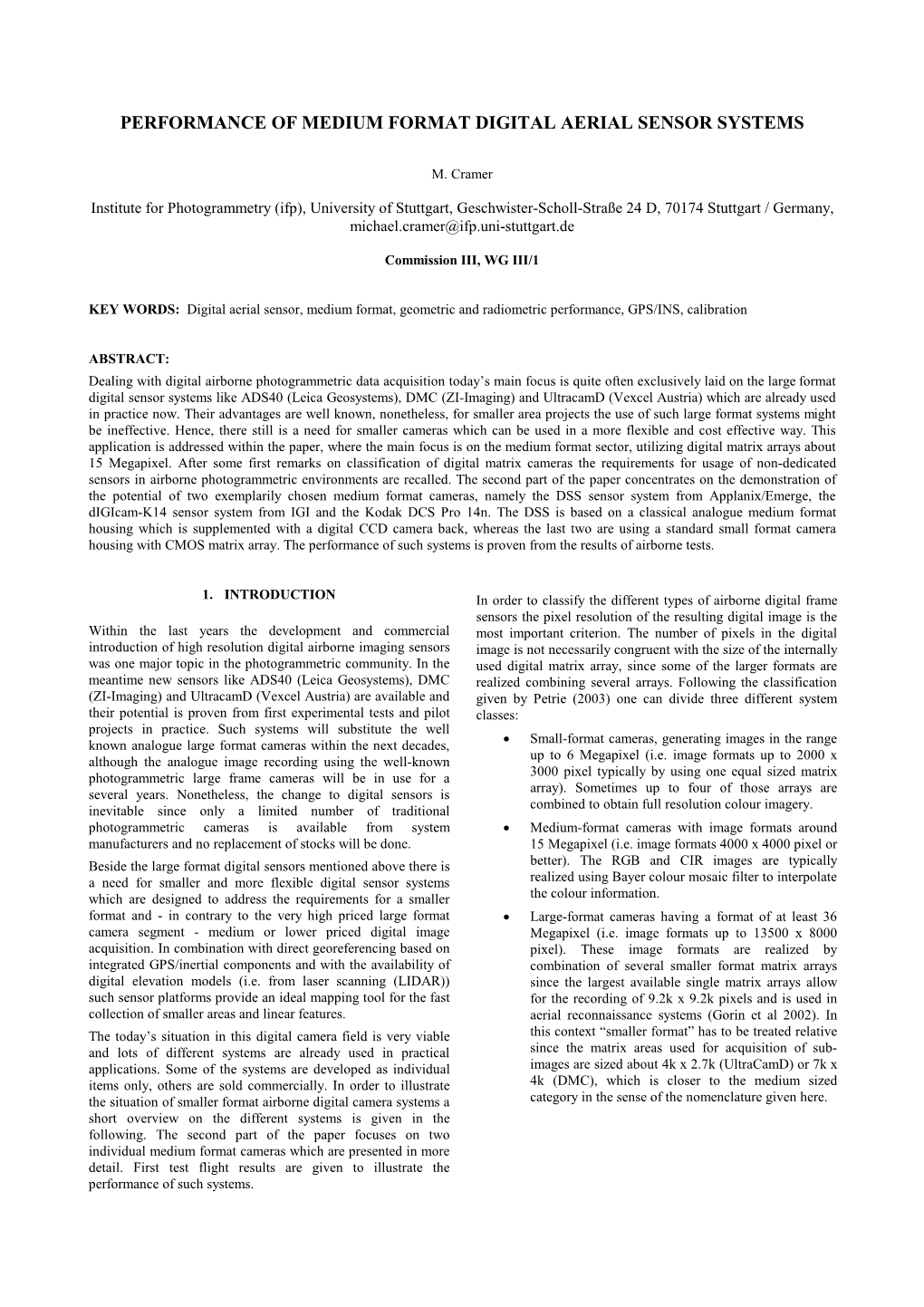 Performance of Medium Format Digital Aerial Sensor Systems